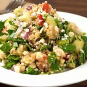 A close view of Greek spinach and quinoa salad with chopped cucumber, tomato, red onion, feta, and fresh greens on a white plate.