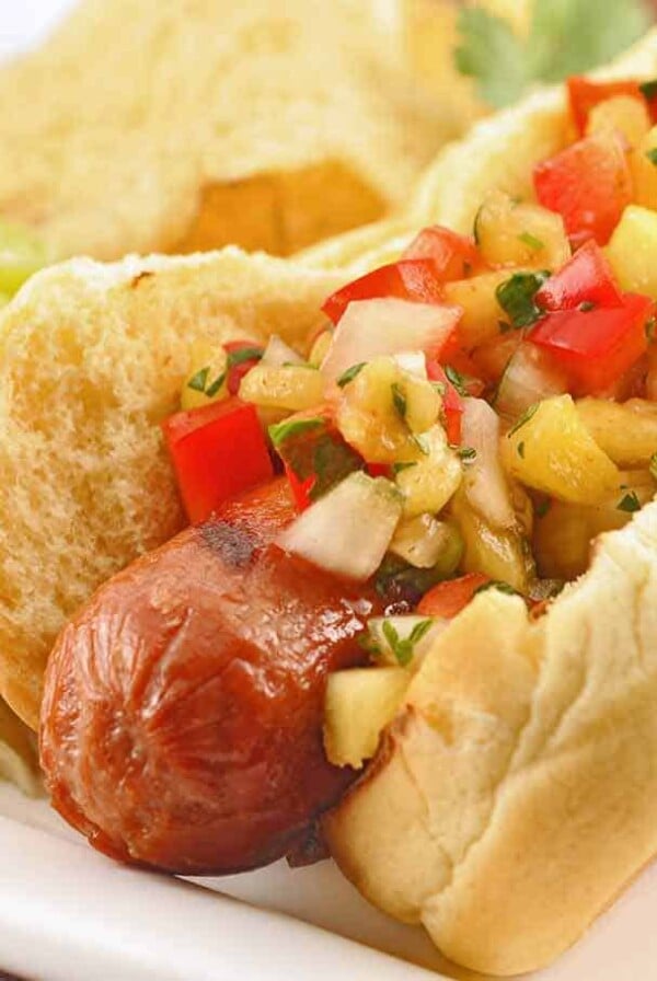 Grilled Hot Dogs with Pineapple-Pepper Relish