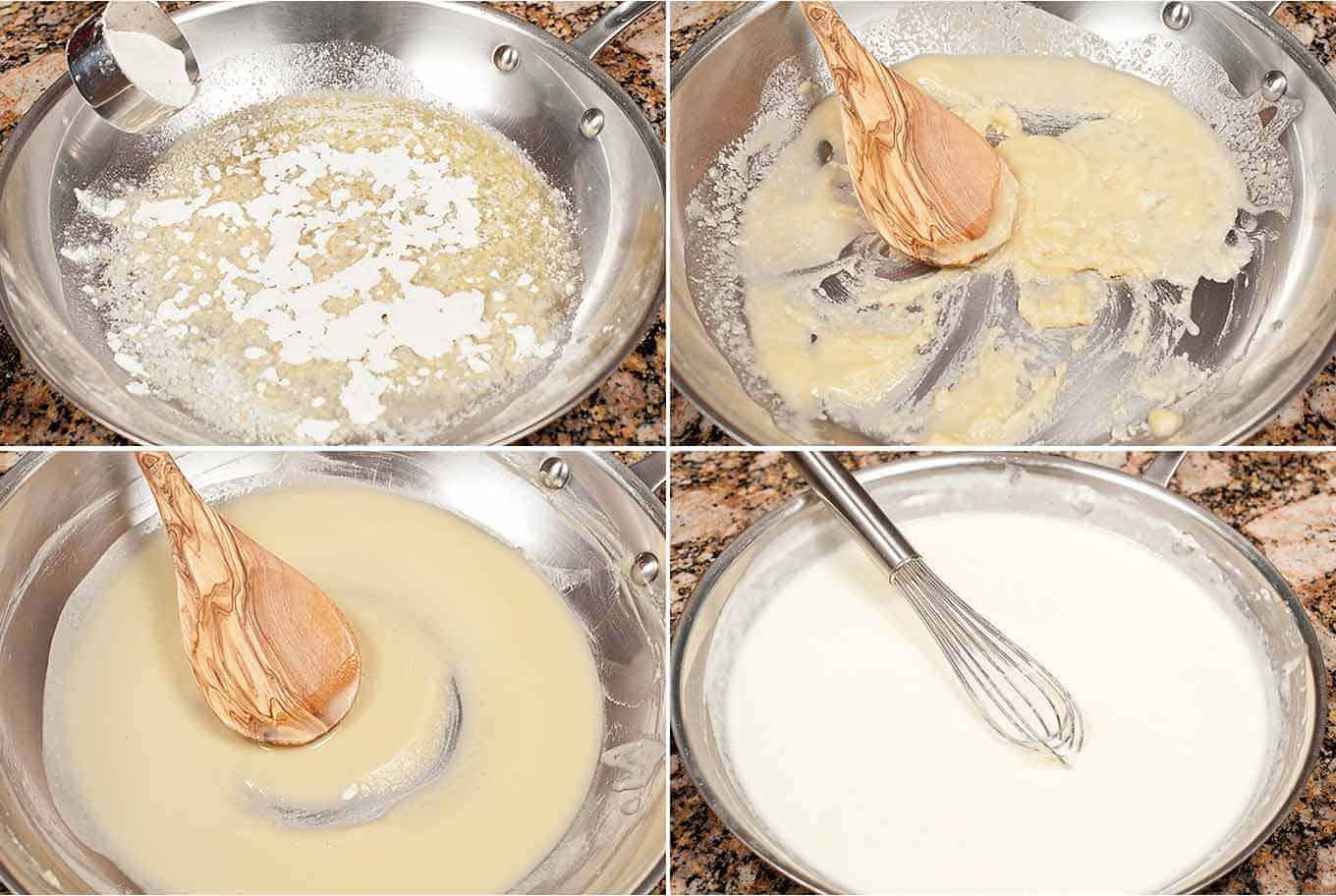 ベシャメルソースを作るための四つのステップ:バターと小麦粉を測定し、組み合わせ、滑らかになるまで調理し、牛乳で泡立てる