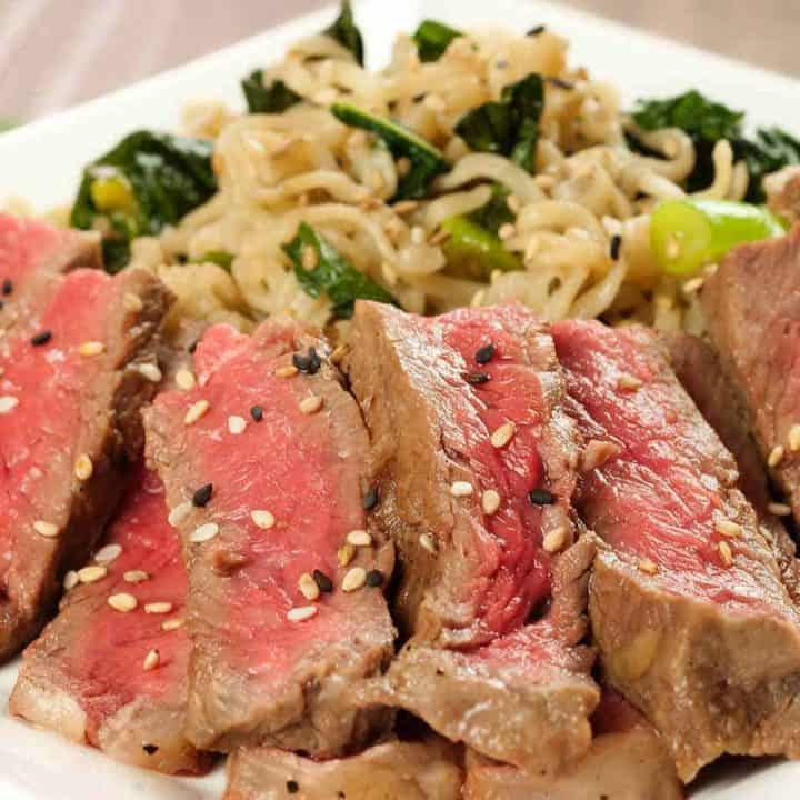 MirinMarinated Strip Steaks with ScallionKale Ramen Recipe