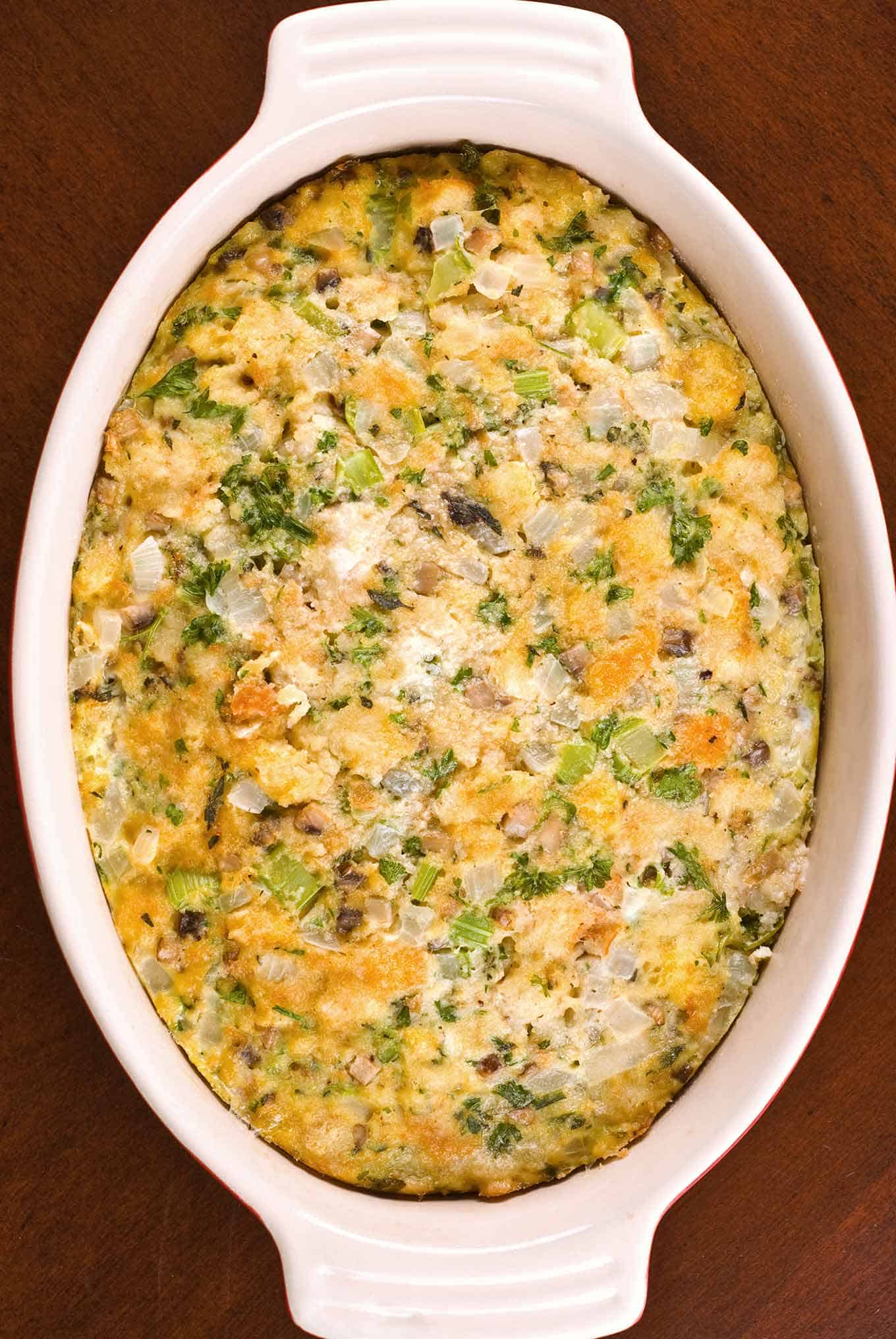 Baked casserole dish filled with old fashioned bread stuffing