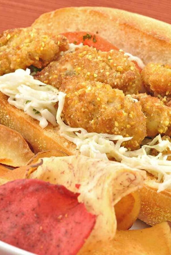 Pan Fried Oyster Po&apos; Boys with Garlic-Onion Slaw