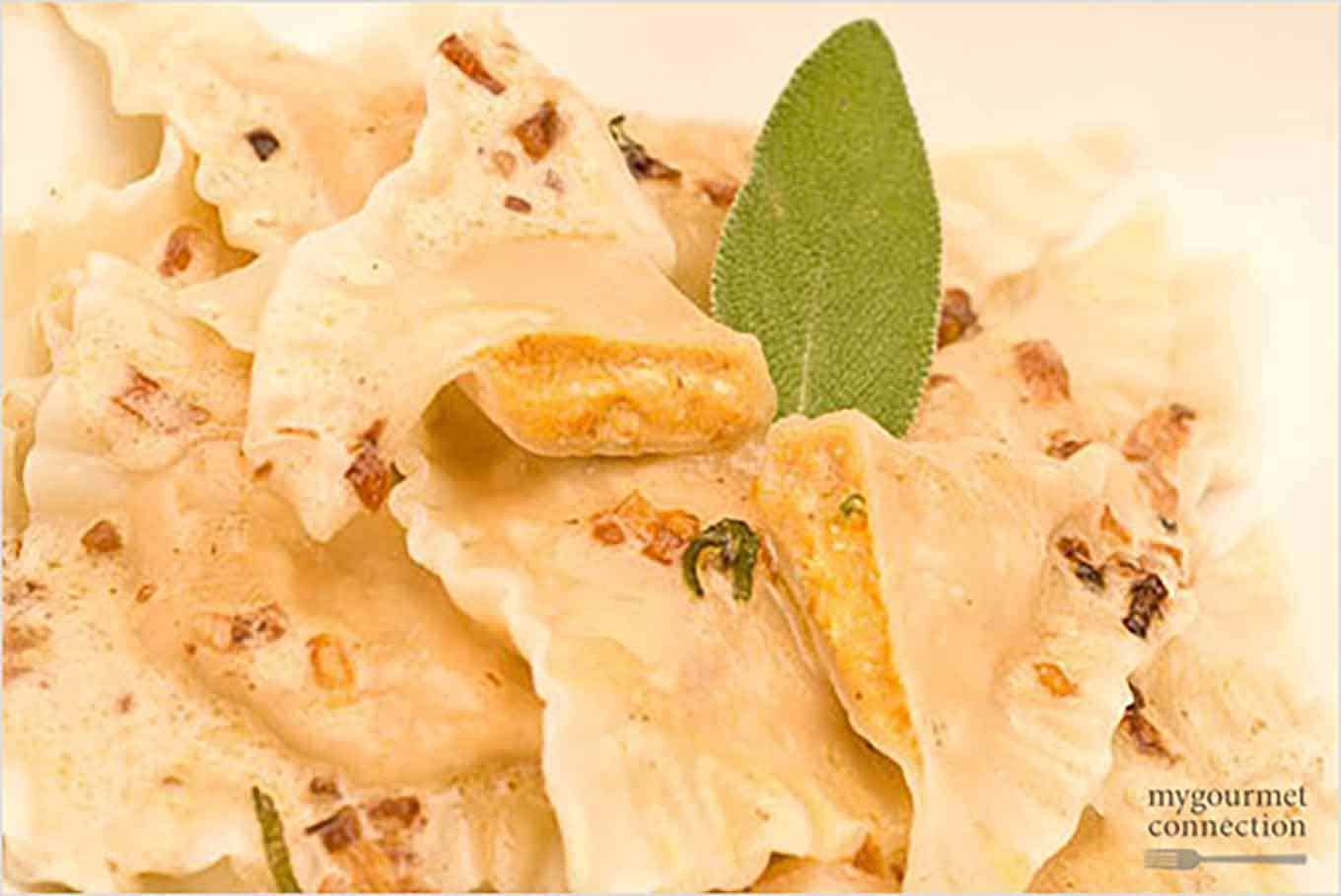 Pumpkin Sage Ravioli with Red Wine Cream Sauce