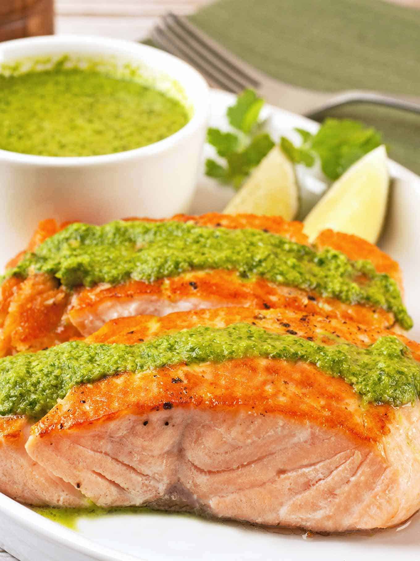 Seared Salmon Fillets with Cilantro Pesto