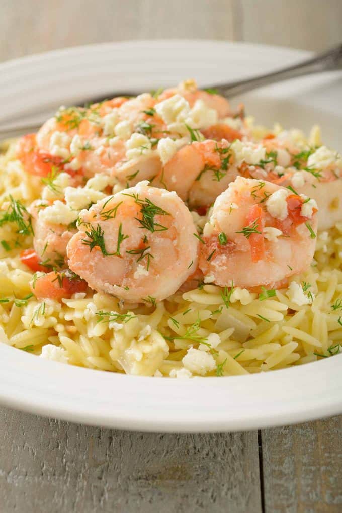 Shrimp and Orzo Topped with Feta and Fresh Dill