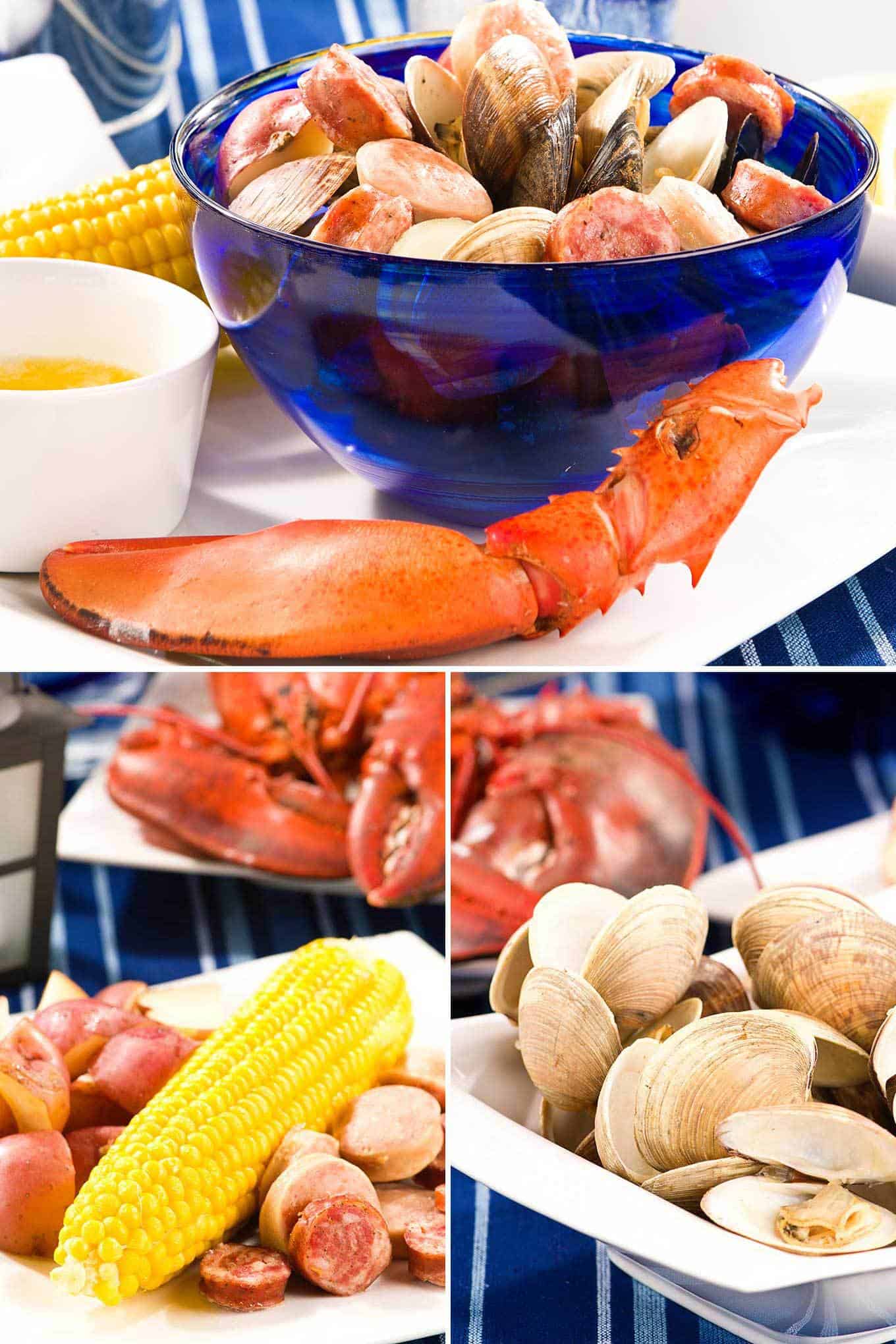 Collage photo of stovetop clambake ingredients including corn, potatoes, sausage, melted butter, and steamed clams.